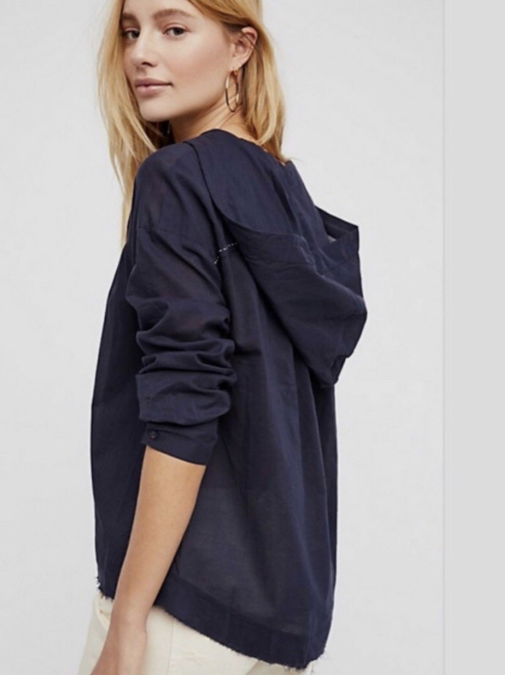 Free People Breezy Navy Hooded Button-Front Blouse - Picture 2 of 12